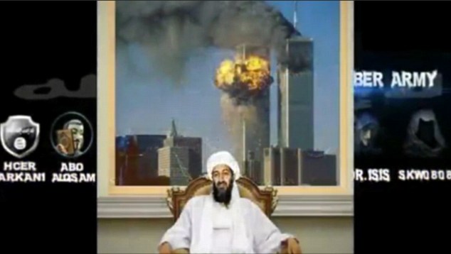 Một đoạn trong clip với hình ảnh Bin Laden ngồi trước tòa tháp đôi đang bốc cháy được khủng bố IS đăng tải 