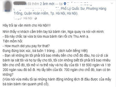 Một người Việt đã chia sẻ lại câu chuyện khách Tây bị chặt chém trên phố cổ lên mạng xã hội