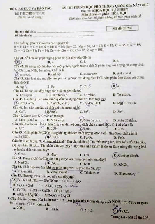 Đề thi Hóa học THPT Quốc gia 2017 mã đề 206: 