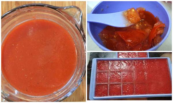 Xay nguyễn cà chua, trộn với vitamin E rồi cho vào khay để làm đông đá