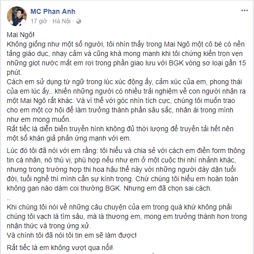 Dòng trạng thái tâm huyết của MC Phan Anh nói về Mai Ngô trong cuộc thi Miss Universe Vietnam