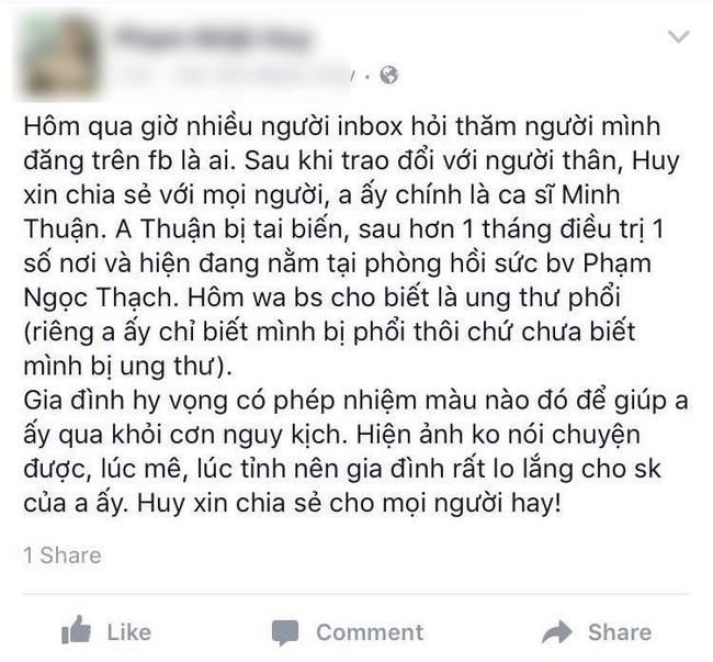 Ca sĩ Minh Thuận bị ung thư phổi, hiện đang nguy cấp