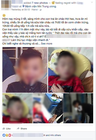Hình ảnh cậu bé bị sưng vù mặt phải nhập viện được chia sẻ trên mạng. Ảnh: Trí Thức Trẻ 