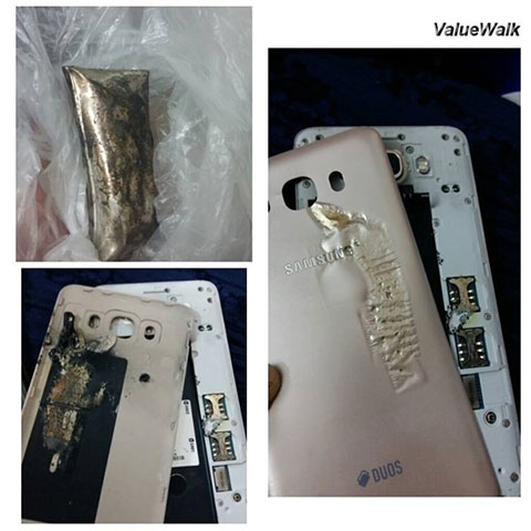 Hình ảnh chiếc điện thoại Samsung Galaxy J7 đã bị cháy xém sau khi bất ngờ phát nổ. Ảnh: Giao thông