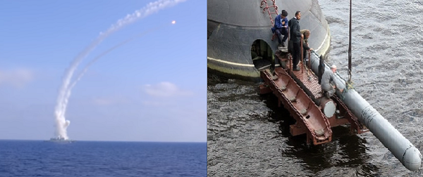 Tên lửa hành trình Kalibr của Nga tập trận trên biển. Ảnh: CAND