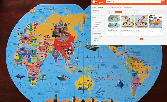 Đồ chơi ''bản đồ cắm cờ thế giới'' có “hình lưỡi bò” tại khu vực Biển Đông bị thu giữ. 