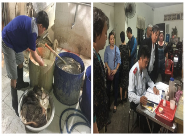 Lực lượng chức năng phát hiện và lập biên bản cơ sở kinh doanh phụ phẩm bò của bà Nguyễn Thị Xuân