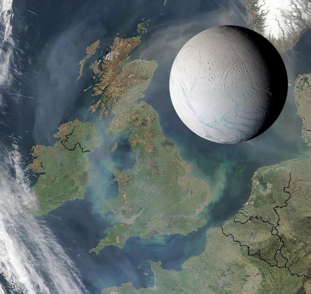 Kích thước Enceladus - Mặt trăng của sao Thổ - so sánh với Vương quốc Anh.