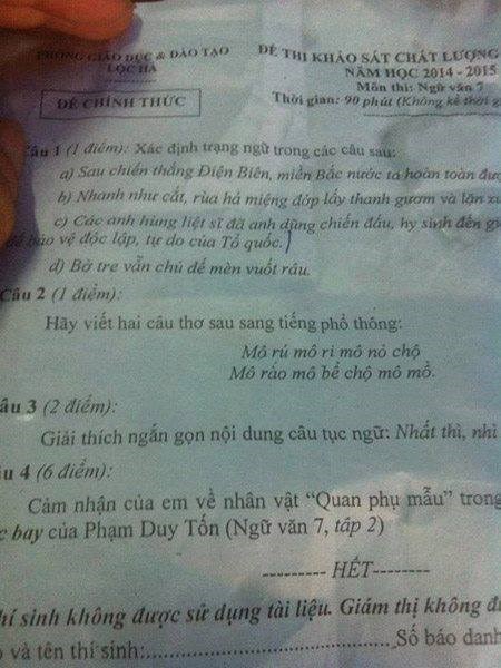 Câu hỏi sử dụng tiếng Hà Tĩnh trong đề thi Ngữ văn 7 của huyện Lộc Hà có số điểm tối đa là 1 điểm