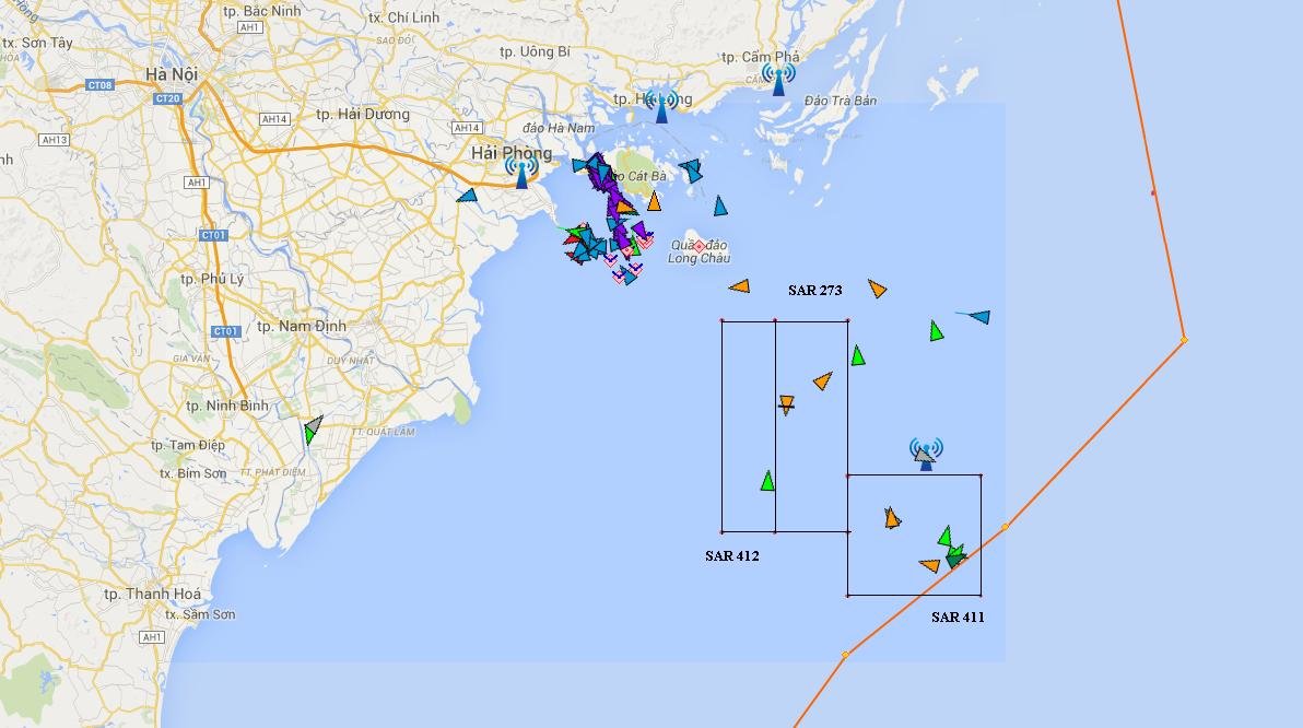 Sơ đồ khu vực tìm kiếm máy bay CASA 212 của 3 tàu SAR ngày 23/6
