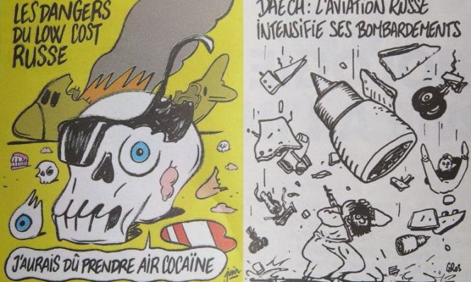 Hai bức biếm họa liên quan tới vụ tai nạn máy bay của Nga tại Ai Cập đăng trên tạp chí Charlie Hebdo 