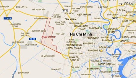 Vị trí chiếc máy bay rơi được xác định ở khu vực nông trường Phạm Văn Hai, huyện Bình Chánh, TPHCM (vùng khoanh đỏ trên bản đồ).
