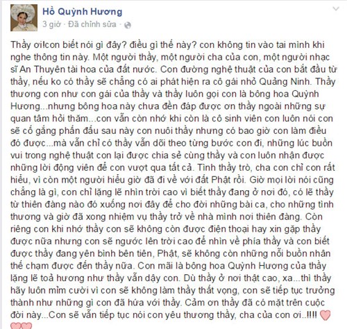 Người hâm mộ không khỏi nghẹn ngào trước sự tiếc thương, kính trọng của ca sĩ Hồ Quỳnh Hương dành cho nhạc sĩ An Thuyên