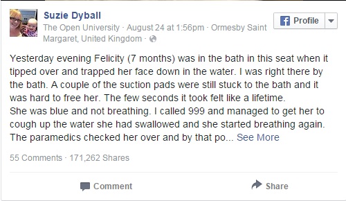 Câu chuyện ghế tắm cho bé khiến trẻ suýt chết đuối được bà mẹ người Anh Suzie Dyball chia sẻ trên mạng Facebook