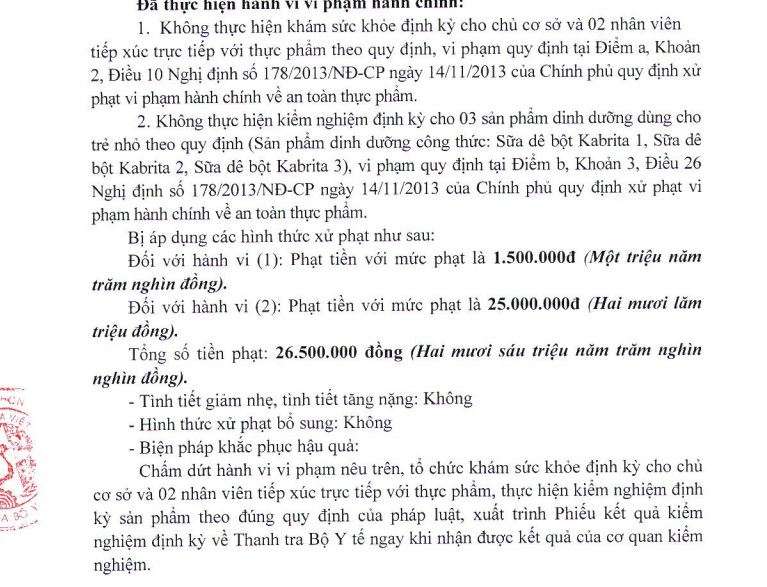 Xử phạt Công ty Cổ phần Thương mại xuất nhập khẩu Phúc Lộc. Đây là một phần nội dung văn bản xử phạt được Thanh tra Bộ Y tế ban hành