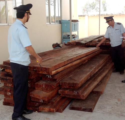 Tang vật 1 vụ buôn lậu gỗ do Chi cục Hải quan cửa khẩu Dinh Bà (Cục Hải quan Đồng Tháp) bắt giữ ngày 11-2-2014. Ảnh: Đăng Nguyên, báo Hải Quan