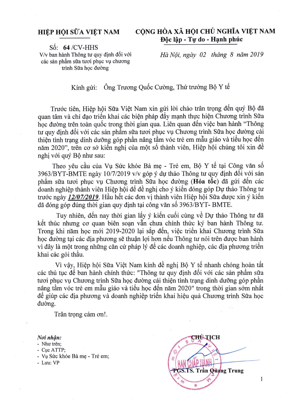 Văn bản của Hiệp hội Sữa Việt Nam gửi Bộ Y tế. Ảnh: TTTĐ