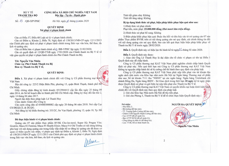  Quyết định thu hồi và tiêu hủy quảng cáo 7 thực phẩm BVSK của Công ty CP thương mại KAT Việt Nam
