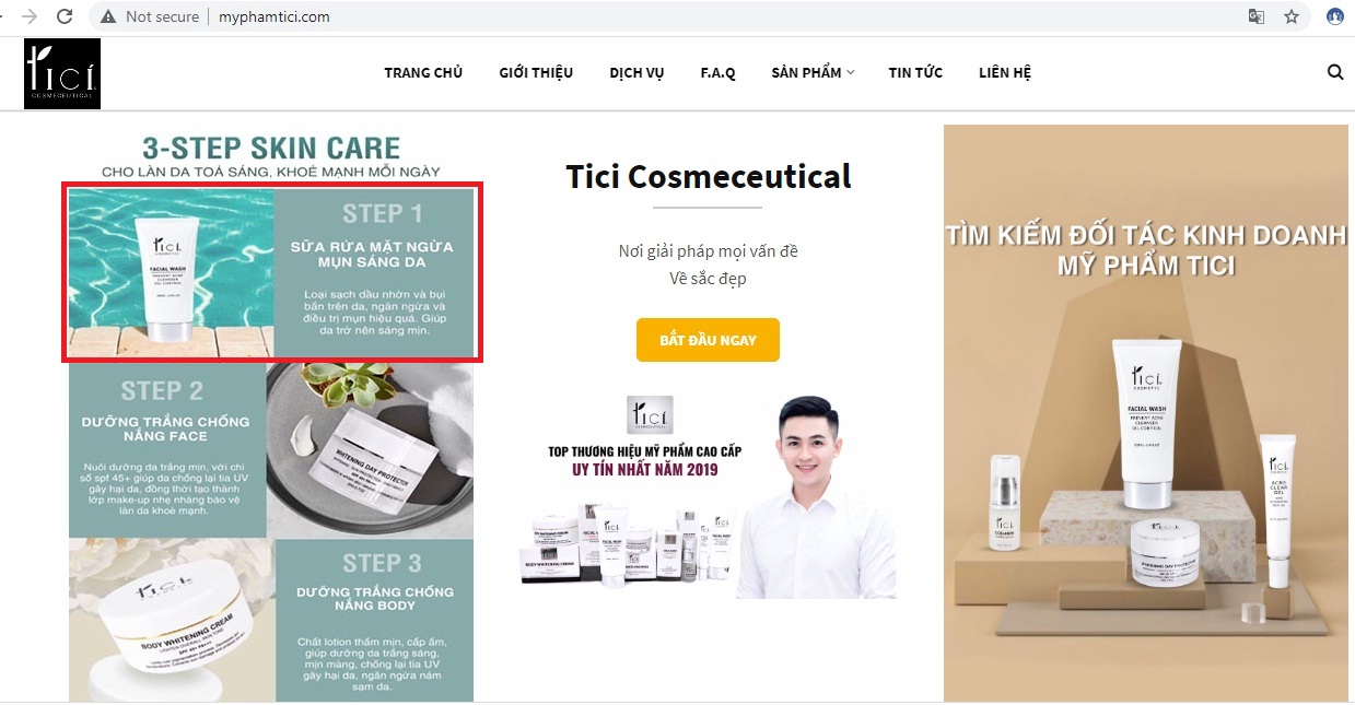 Trên website myphamtici.com quảng cáo sữa rửa mặt ngăn ngừa và điều trị mụn, điều này không phù hợp với quy định về quảng cáo mỹ phẩm