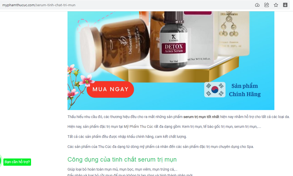 Mỹ phẩm Thu Cúc quảng cáo công dụng mỹ phẩm như thuốc chữa bệnh. Hình ảnh chụp từ trang website