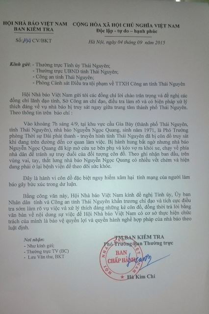 Văn bản của Hội Nhà báo Việt Nam gửi lãnh đạo tỉnh Thái Nguyên đề nghị làm rõ vụ việc