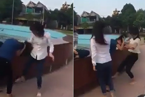 Hình ảnh nữ sinh đánh nhau cắt ra từ đoạn clip