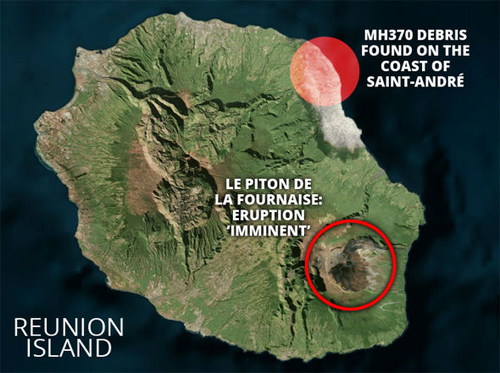 Vị trí phát hiện mảnh vỡ nghi của máy bay MH370 và vị trí núi lửa trên đảo Reunion