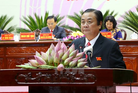 Ông Lê Minh Hoan, Bí thư Tỉnh ủy Đồng Tháp khóa X phát biểu tại phiên bế mạc Đại hội