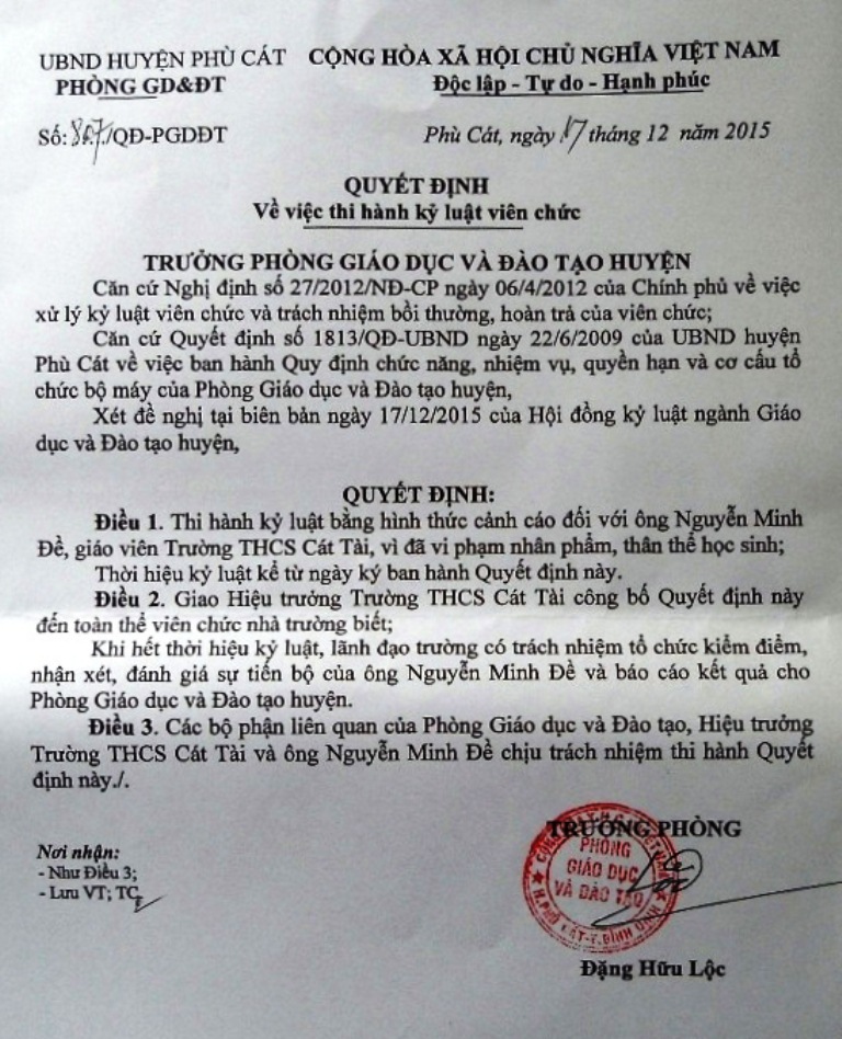 Quyết định kỷ luật thầy Nguyễn Minh Đề của Phòng GD&ĐT trước đó vì hành vi xử phạt học sinh thô bạo trước đó