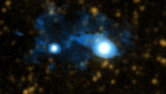 Thiên hà nguyên thủy bị chi phối bởi hai chuẩn tinh. Ảnh Sci-news