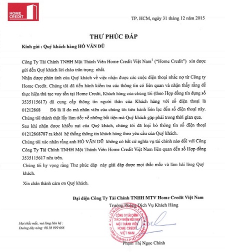 Thư phúc đáp của Công ty Home Credit