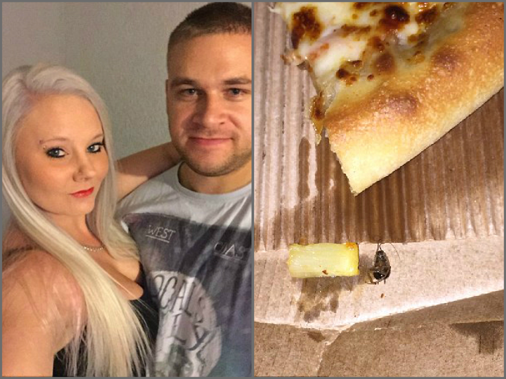 Chay Watts cùng vợ Cara Powell và chiếc bánh pizza bị phát hiện có gián