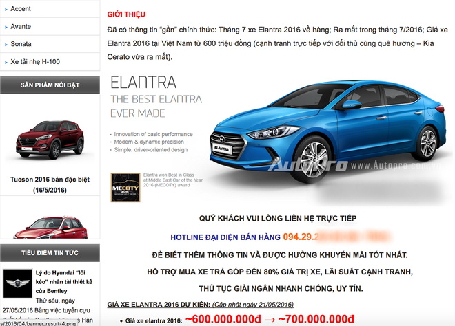 Thông tin từ website của một đại lý được cho là Hyundai chính hãng tại Việt Nam công bố thông tin ô tô Hyundai Elantra 2016 sắp được bán tại Việt Nam với giá từ 600 triệu đồng. Ảnh: Trí thứ trẻ
