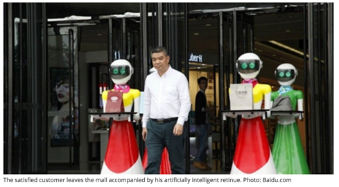 Hình ảnh đại gia Trung Quốc đi mua sắm với robot khiến dân mạng xôn xao. Ảnh: Báo Thanh niên