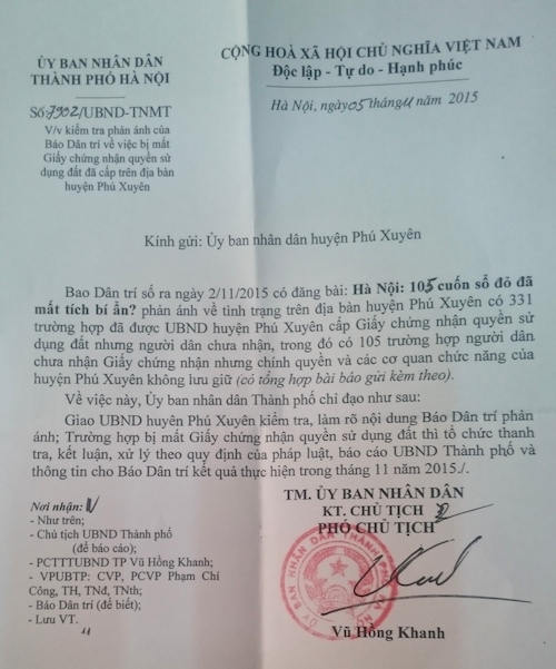 UBND TP Hà Nội chỉ đạo làm rõ vụ 105 sổ đỏ ‘mất tích’ bí ẩn tại huyện Phú Xuyên