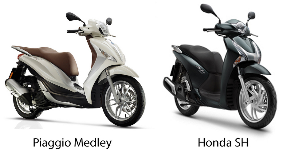 So sánh, Honda SH và Piaggio Medley, hãng xe của Ý ghi điểm với phanh đĩa trên hai bánh được trang bị hệ thống chống bó cứng phanh ABS. Ảnh: 2banh
