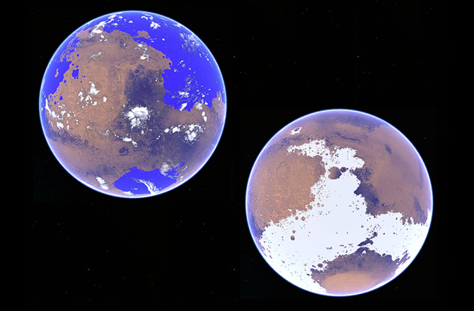 Hình ảnh giả tưởng về Sao Hỏa ấm ẩm và Sao Hỏa băng giá