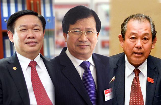 3 thành viên Chính phủ mới được đề nghị phê chuẩn làm Phó Thủ tướng: Ông Vương Đình Huệ, ông Trịnh Đình Dũng và ông Trương Hòa Bình (từ trái qua)