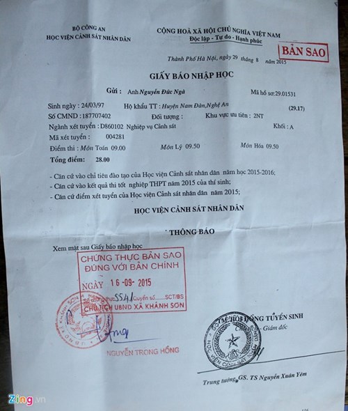 Giấy báo nhập học của thí sinh Nguyễn Đức Ngà vào Học viện Cảnh sát nhân dân trước đó