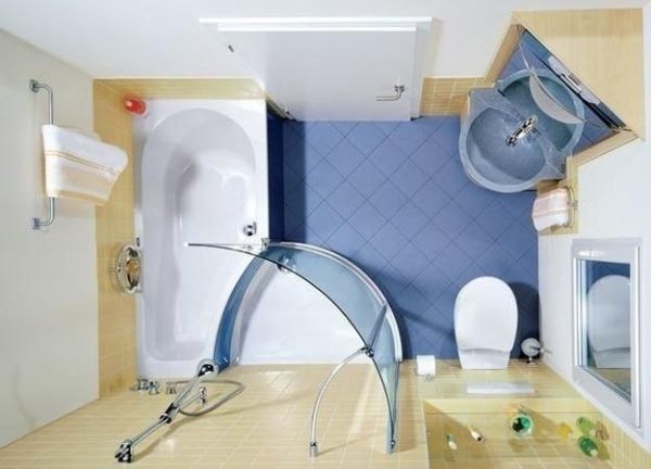 Phòng tắm nhỏ nên sử dụng nội thất có kích thước nhỏ và đặt ở góc