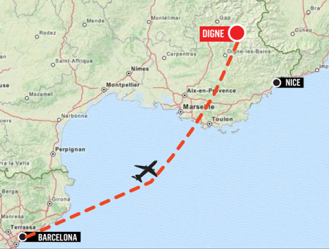 Bản độ lộ trình dự kiến của chiếc máy bay A320 rơi ở Pháp