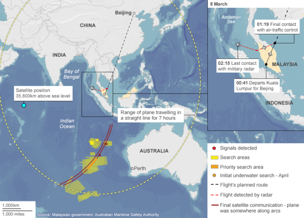 Khu vực màu vàng là nơi các cơ quan chức năng đang tiến hành tìm kiếm máy bay MH370 mất tích