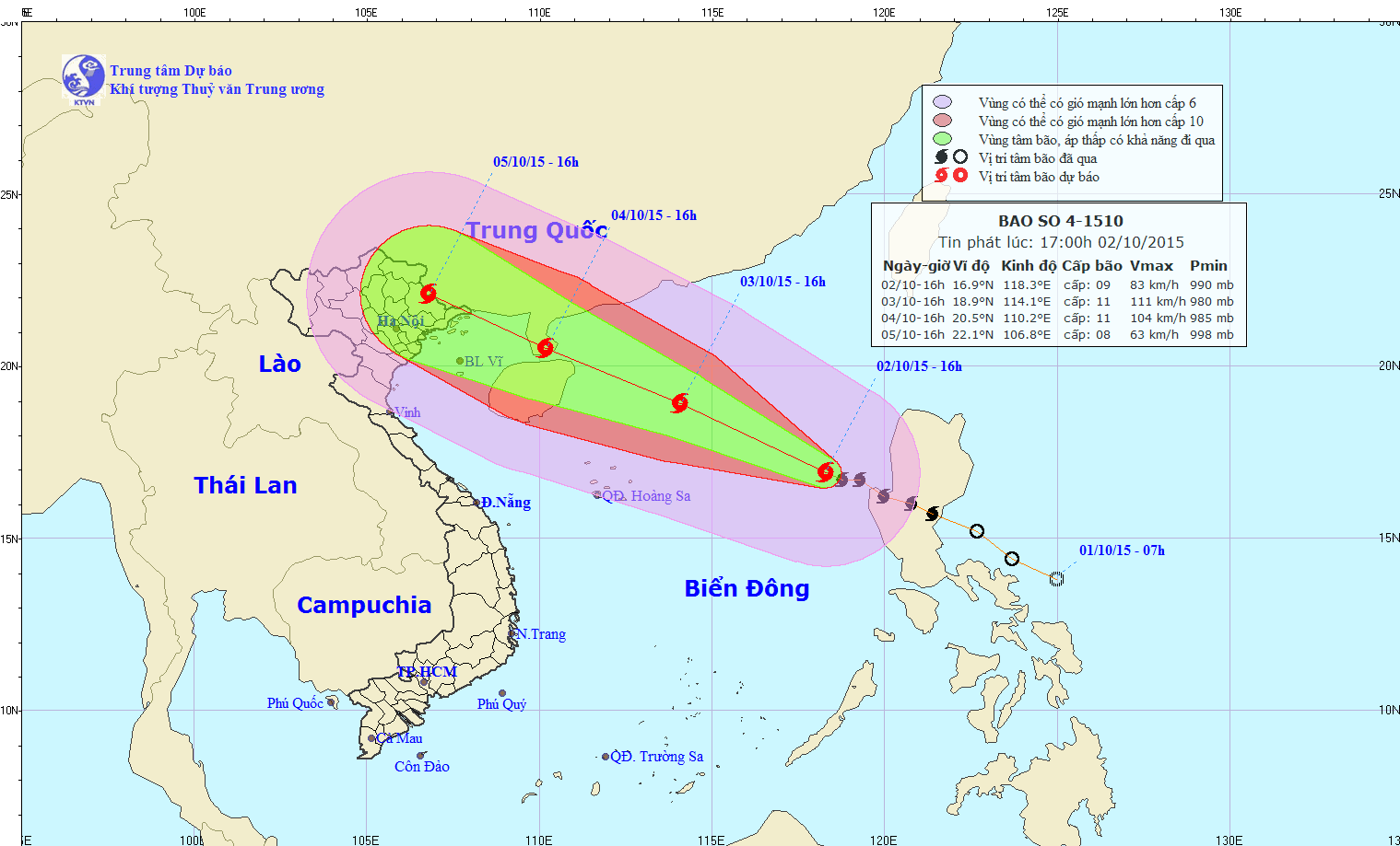 Theo tin bão mới nhất về cơn bão số 4, bão Mujigae (bão Cầu Vồng) có thể đổ bộ Quảng Ninh - Hải Phòng vào sáng 5/10