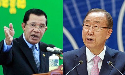 Thủ tướng Campuchia Hun Sen (trái) và Tổng thư ký Liên Hợp Quốc Ban Ki-moon