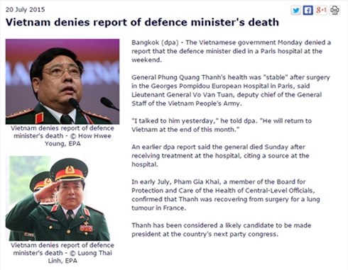Việt Nam đã yêu cầu hãng tin DPA cải chính thông tin sai về Đại tướng Phùng Quang Thanh, theo tin tức mới cập nhật trong nước 