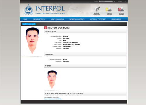 Dũng bị Interpol truy nã