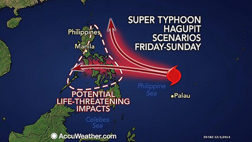 Hướng di chuyển dự kiến của tin bão mới nhất Hagupit trong những ngày tới