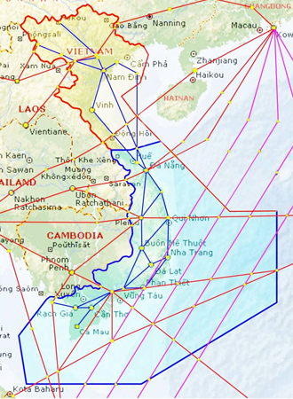 Vùng thông báo bay Hồ Chí Minh (vòng xanh) nằm sát khu vực quần đảo Trường Sa của Biển Đông Việt Nam