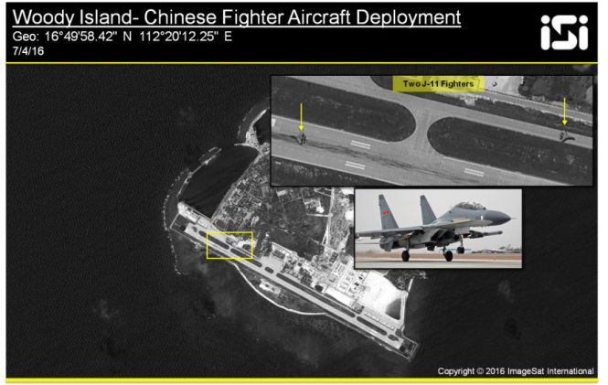 Hình ảnh vệ tinh từ ISI cho thấy máy bay chiến đấu J-11 của Trung Quốc xuất hiện ở đảo Phú Lâm thuộc quần đảo Hoàng Sa của Biển Đông Việt Nam