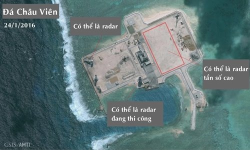 Ảnh vệ tinh cho thấy Trung Quốc có thể đã triển khai radar tần số cao ở đá Châu Viên, quần đảo Trường Sa của Biển Đông Việt Nam